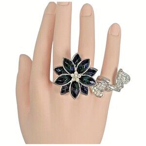 VTG Black Rhinestone Flower Double Finger Ring SZ 8 Statement Bold